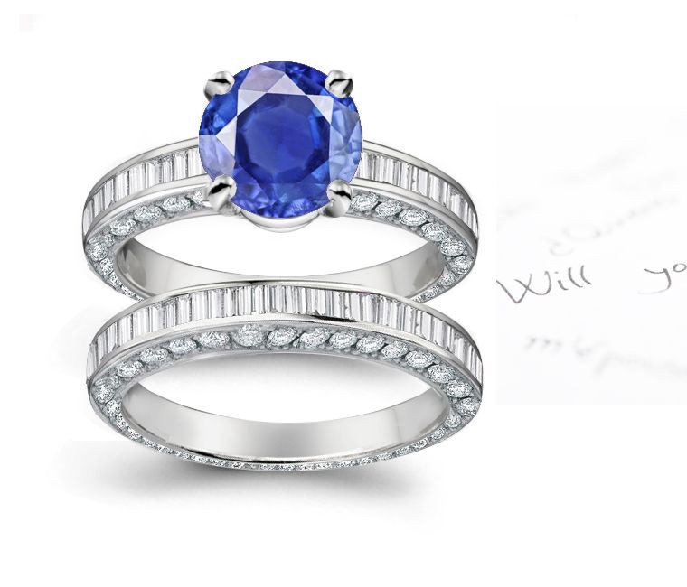 Baguette Cut Deep Blue Sapphire and Diamond Ring With Fine Sapphires and Sapphire Band in Gold & Diamond Sprinkle