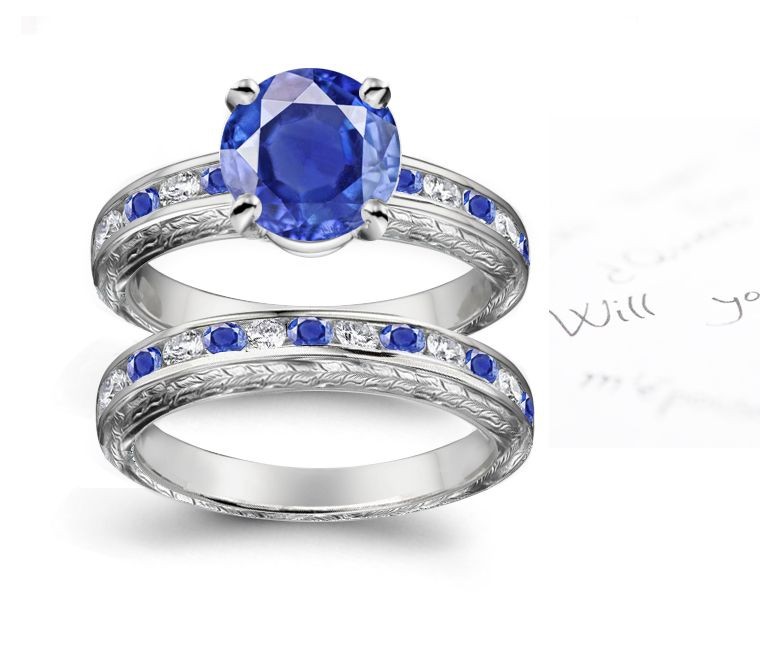 Round Deep Blue Diamond & Sapphire Ring and Sapphire Diamond Band in Gold & Sides Engraved Size 3 to 8