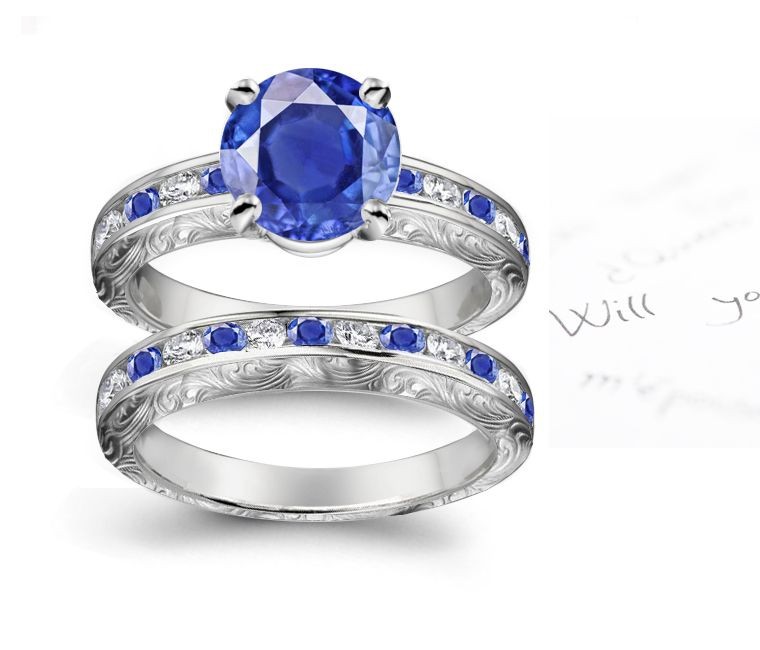 Simply Stylistic: Round Deep Blue Sapphire & Diamond Ring With Fine Sapphires and Band in Gold & Sides Engraved Size 3 – 8