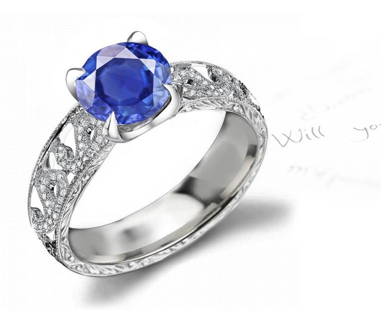 Extraordinary: French Pave' Art Deep Blue Sapphire & Diamond Engagement & Wedding Ring in 14k White Gold & Platinum