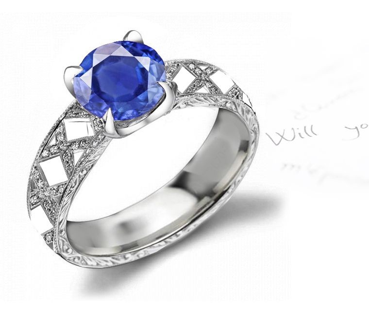 Purely Imaginary: French Pave' Art Deep Blue Sapphire Diamond Engagement & Wedding Ring in 14k White Gold & Platinum
