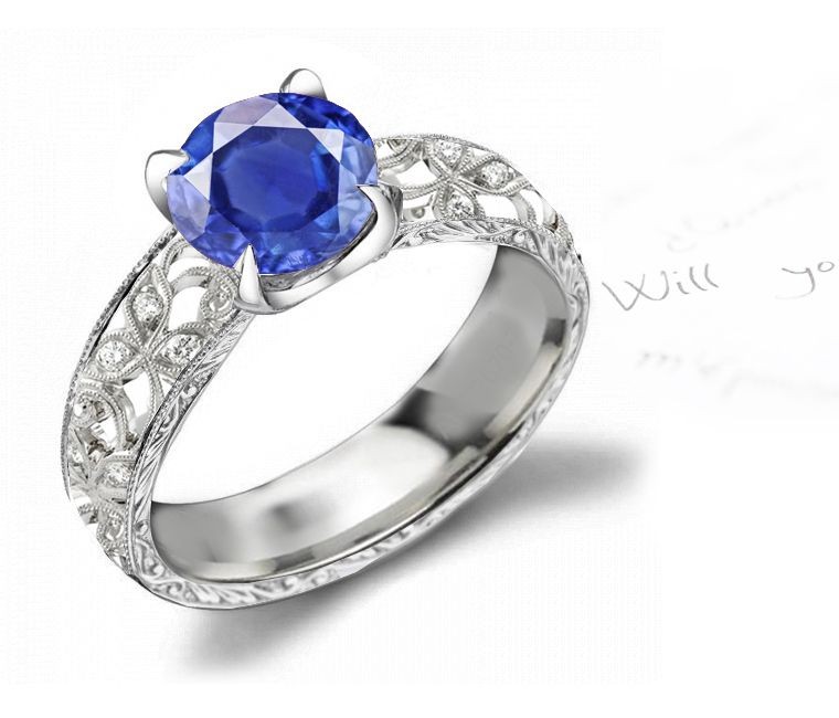 Striking Blue Shades: French Pave' Art Sapphire & Diamond Engagement & Wedding Ring in 14k White Gold & Platinum