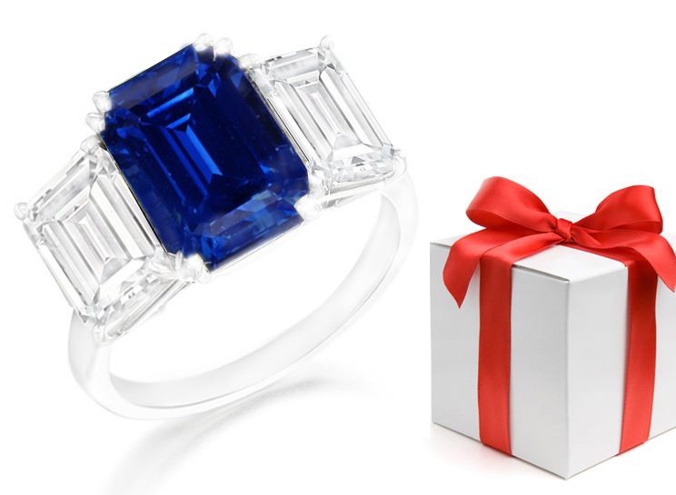 All Gifted With A Touch of Imagination: Emerald Cut Fine Blue Sapphire & Diamond Three Stone 2 Side Stone Ring Size 6