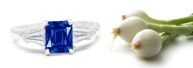Sapphire or White-Blue Topaz: 3 Stone Emerald Cut Fine Deep Blue Sapphire & Tapered Baguette 2 Side Stones Diamond Ring