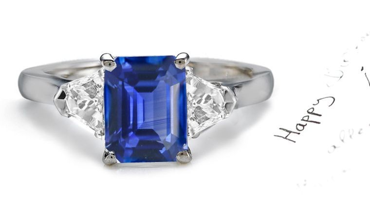 The King's Treasure: Top 3 Stone Emerald Cut Fine Blue Sapphire & Trillion Diamond 2 Side Stones Celestial Ring