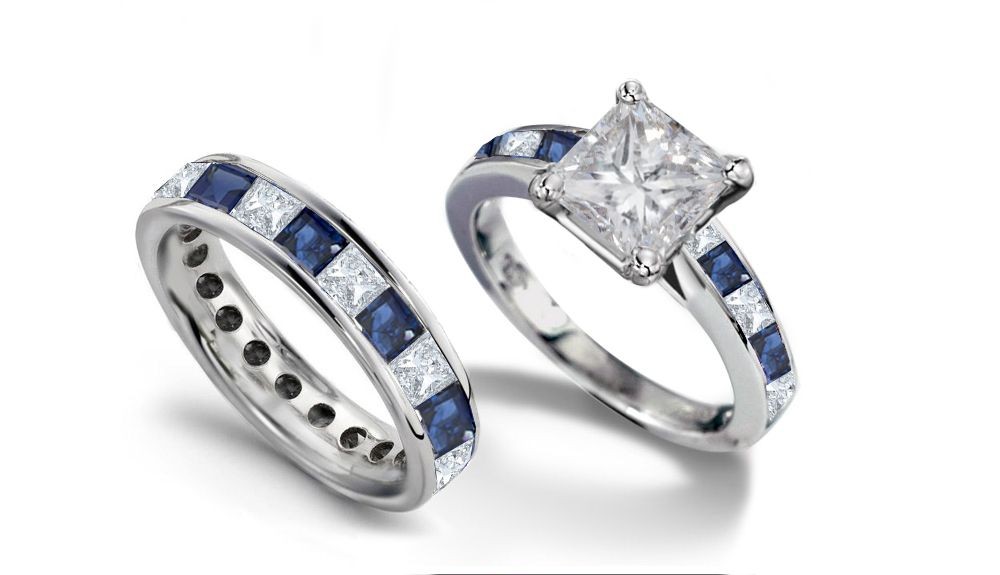 Ecclesiastical Rings: Fit for Princess Cut Diamond atop & Matched Square Fine Blue Sapphire Ring & Band 8k Gold