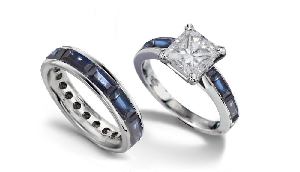 The True Fine Blue Sapphire Classics: Platinum Princess Cut Diamond atop Fine Blue Sapphire Baguette Ring & Band
