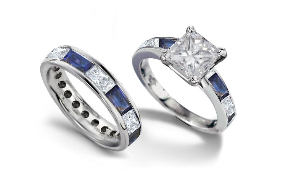 Naturally Beautiful Stones: Gold Princess Cut Diamond atop Baguette Fine Blue Sapphire Diamonds Gold Ring & Band