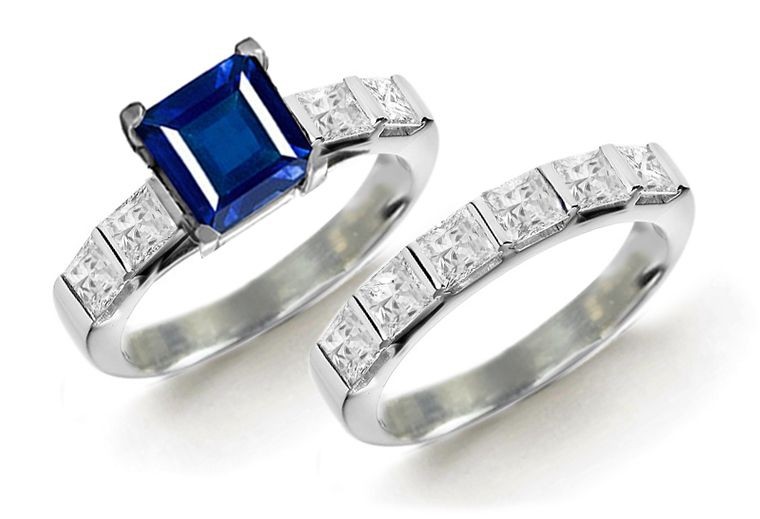 Perfectly Matched Side Stones Heirloom 5 Stone Princess Cut Diamond Fine Blue Sapphire Ring and Diamonds Gold & Platinum