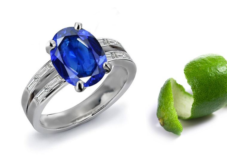 Family Brand Name: Top Oval Fine Blue Sapphire & Channel Set Baguette Diamond Split Shank Sapphire Engagement Ring