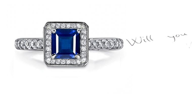Her Sapphire Stories: Art Deco Style Princess Cut Fine Blue Sapphire Ring in Square Metal Frame, Diamonds Shoulders