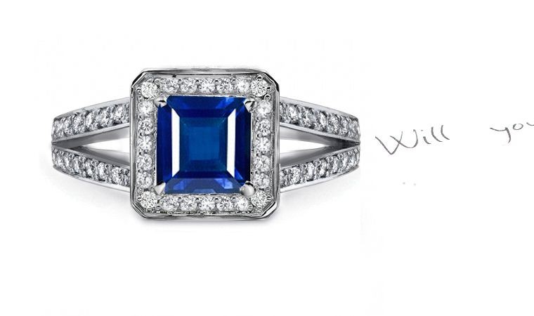 Sparkling From Within: Art Deco Style Princess Cut Fine Blue Sapphire in Square Metal Frame, Diamonds Shoulders