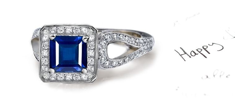 Greatly Appreciated: Art Deco Style Princess Cut Fine Blue Sapphire in Square Metal Frame, Diamonds Shoulders