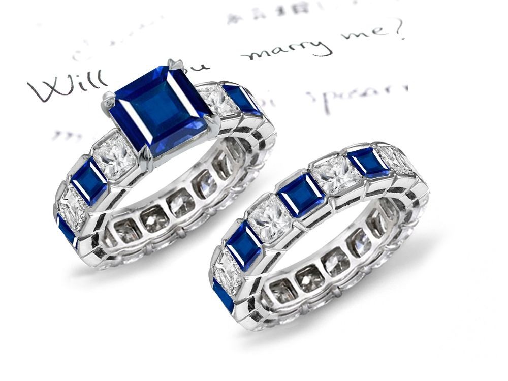 A Guiding-Star Gem: Semi-Bezel Set Square Fine Blue Sapphire Princess Cut Diamonds & Sapphires Gold Guard Ring