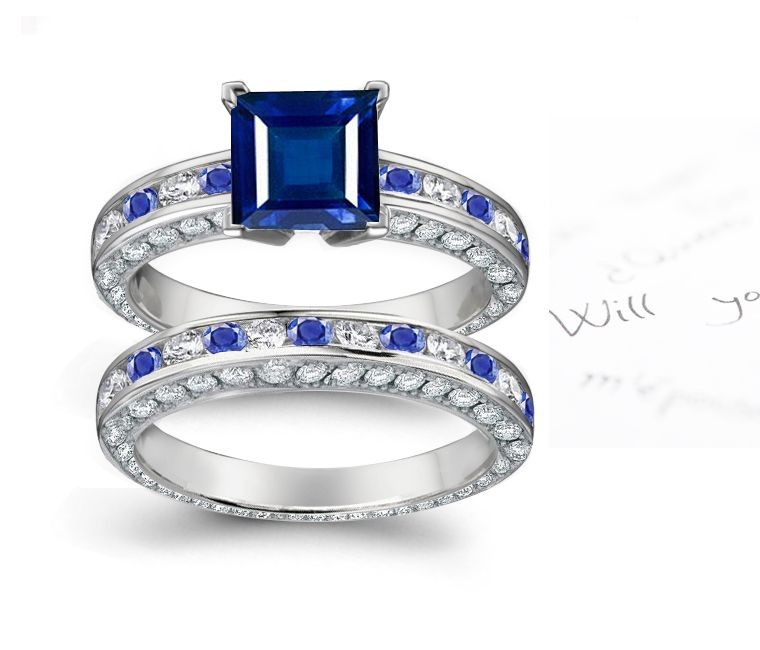The Most Unique: Fantatic Square Fine Blue Sapphire atop Channel Set Round Sapphires & Diamonds Set in Ring & Band