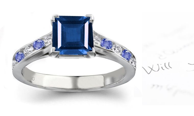 Signature Composition: Features Square Matched Sapphire Ring with Round Sapphire Diamond Accents
