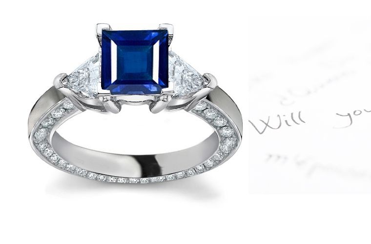 Blazing Fine Blue Sapphires: Musical 3 Stone Square Sapphire & Trillion Diamond Ring with Diamonds Sprinkled in Front