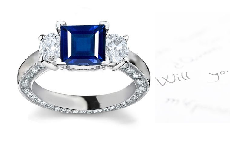 Blue of Autumn Sky: 3 Stone Square Fine Blue Sapphire Round Diamond Autumn Ring with Diamond Sprinkled in Front