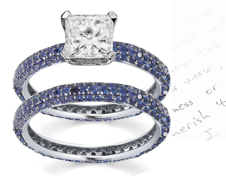 The Gem of the Autumn: Pave Set Fine Blue Sapphire Ring & Matching Sapphire Band Creating a Ocean of Water