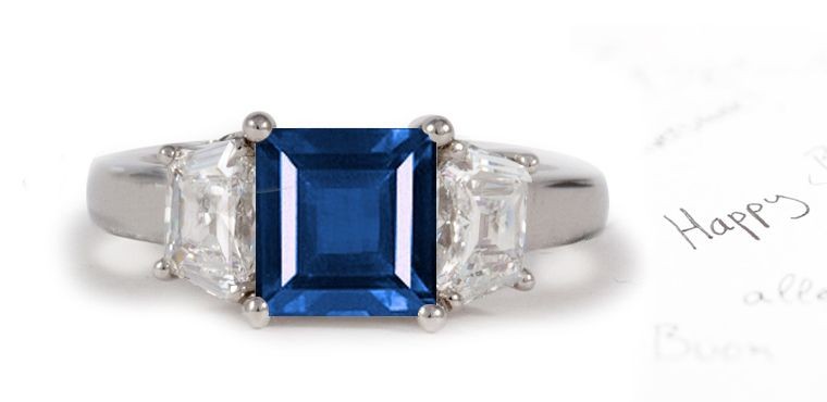 Rich Composition: Features 3 Stone Large Square Rare Fine Blue Sapphire & Shield Diamond Wedding Ring in Size 3 to 8