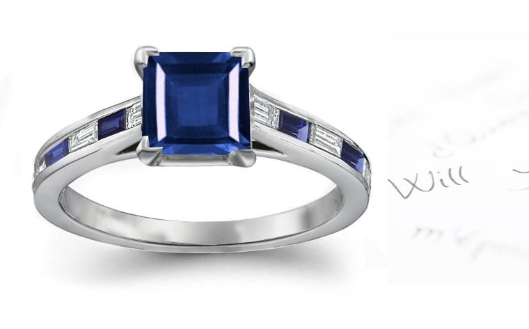 Great Favorites: Specially Cut Square Fine Blue Sapphire atop Baguette Diamond & Fine Blue Sapphire Ring & Band