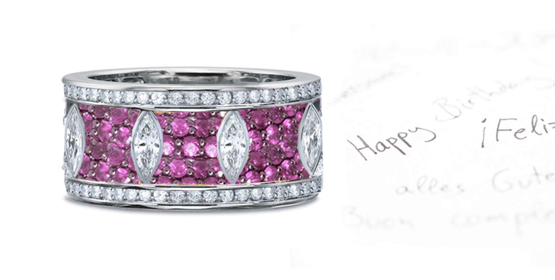 Micropavee Pink Sapphire Diamond Eternity Navette Platinum Band