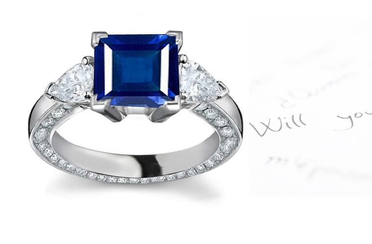 Specially Cut: Rich 3 Stone Square Fine Blue Sapphire & Trillion Diamond Winter Ring with Diamond Sprinkled in Front