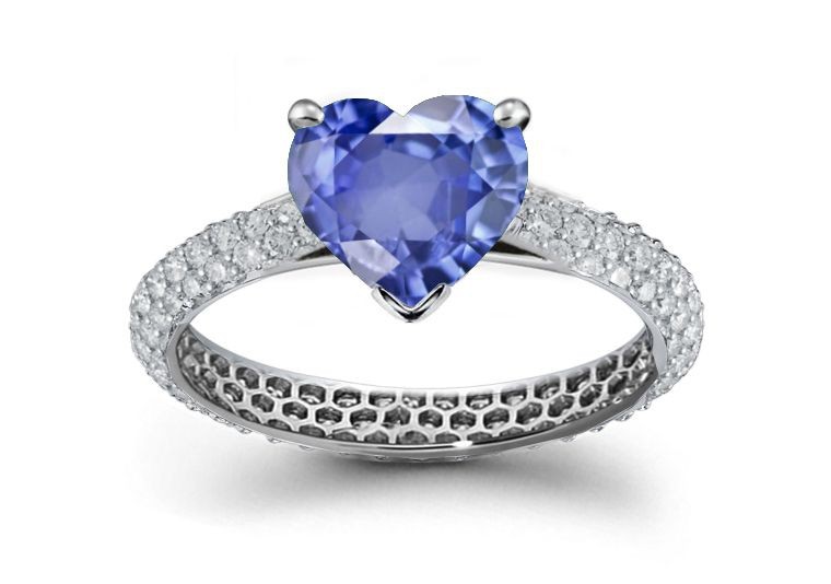 Splendid Collection: Popular Shape Sensory Heart Fine Deep Blue Sapphire atop French Micropave Diamond Ring Size 3 to 9 Stone Size 6mm