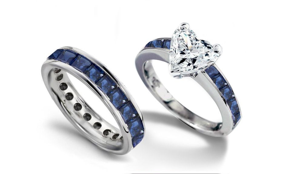 For Royal Uses: Best & Legend Heart Diamond atop Square Fine Blue Sapphire Ring & Square Fine Blue Sapphire Band in Silver