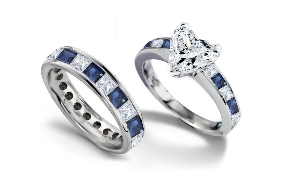 Pure Sky Blue Color: Popular Heart Shape Diamond atop Princess Cut Diamond & Fine Blue Sapphire Ring & Band