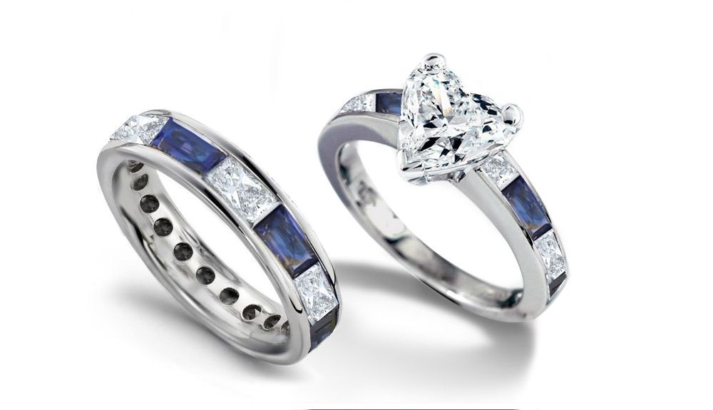 Saphire Merveilleux: Popular Heart Diamond atop Baguette Diamond Sapphire Ring & Fine Blue Sapphire Band in 18k Gold