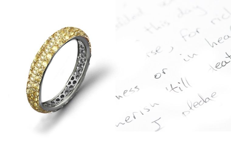 French Micropave Round Yellow Fine Blue Sapphire Eternity Ring in Platinum, Silver & Gold