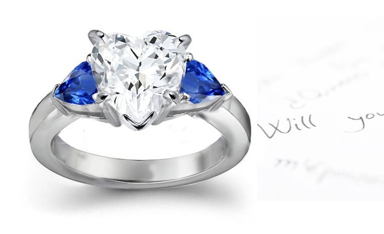 Specially Cut: 3 Stone Pears Fine Blue Sapphire & Heart Shape Diamond 14k Sun Kissed Yellow & Moon Lit White Gold