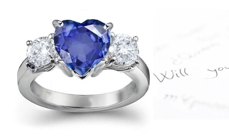 Three Stone Classics: Rich Mandatrin Signature 3 Stone Heart Fine Blue Sapphire & Round Diamond Ring in 14k White Gold 6 mm thickness 2mm