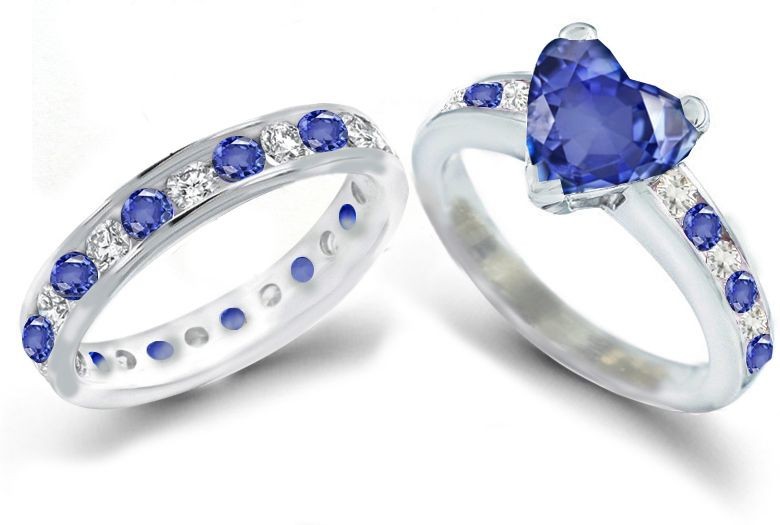 Past, Present & Future: Heart Shaped Fine Blue Sapphire atop Fine Blue Sapphire & Diamond Ring & Matching Band Size 8