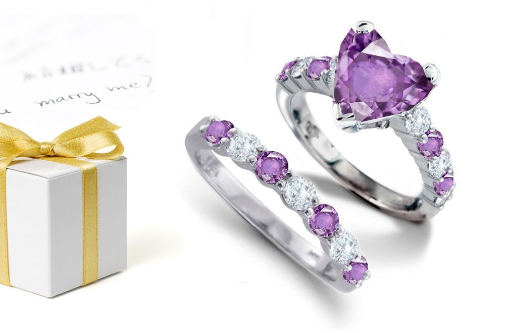 Clouds: Purple Heart Sapphire atop Round Purple Sapphire & Diamond & Platinum Ring & Sapphire Diamond Band