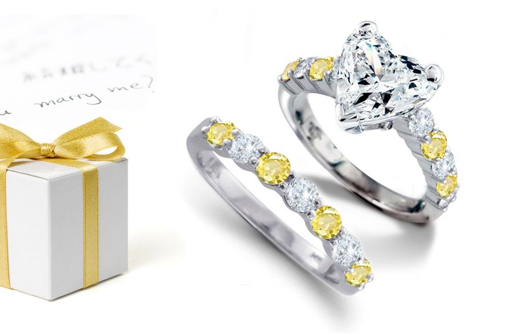 Crystalline, Bright Yellow: Very Popular Shape Heart Diamond atop Round Yellow Sapphires & Diamonds & Ring Sapphire Diamond Wedding Band