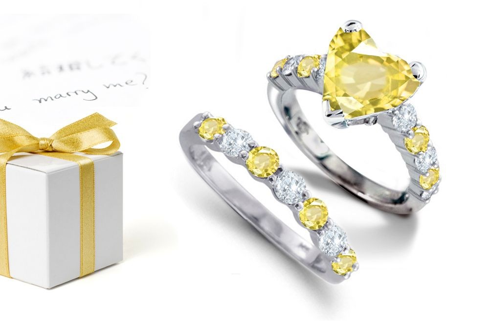 Blazing Clarity: Popular Heart Sapphire Round Yellow Saffron Sapphires & Diamonds & Engagement Ring & Sapphire Diamond Wedding Band