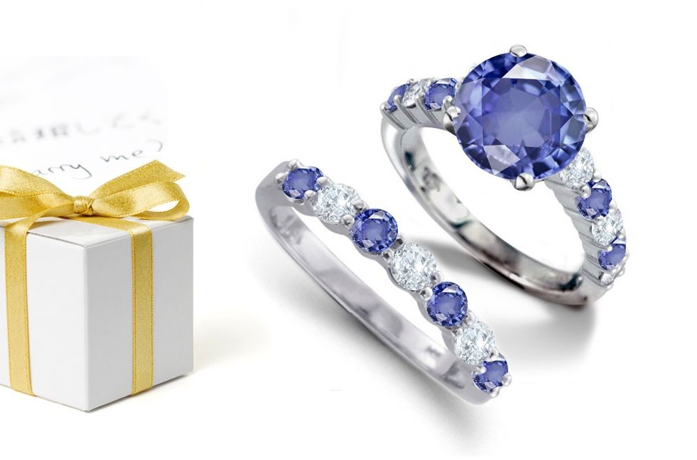 U-Prong Design: Rouned Cut Sapphire atop Round Cut Blue Sapphires & Diamonds & Engagement Ring & Sapphire Diamond Wedding Band