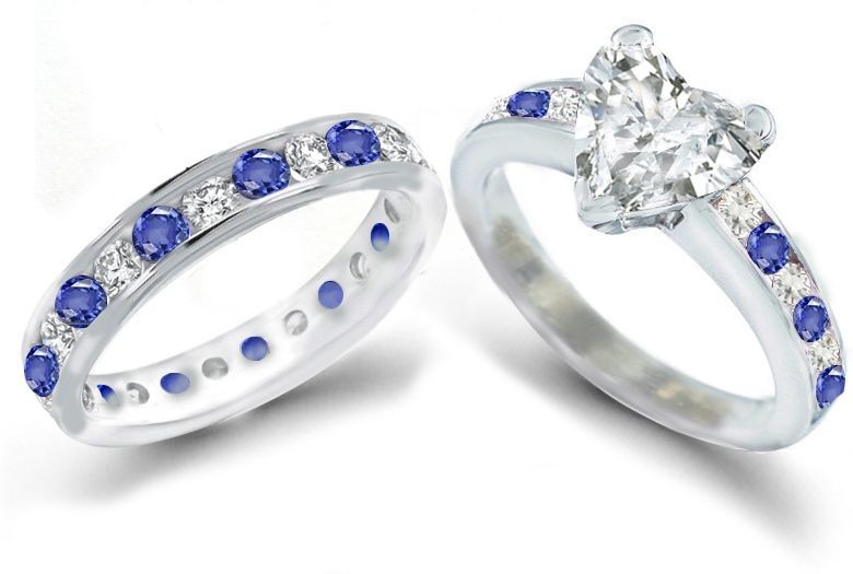 Pure As The Dew: Popular Heart Shape Diamond atop Fine Blue Sapphire & Diamond Ring & Matching Band Size 3 to 8