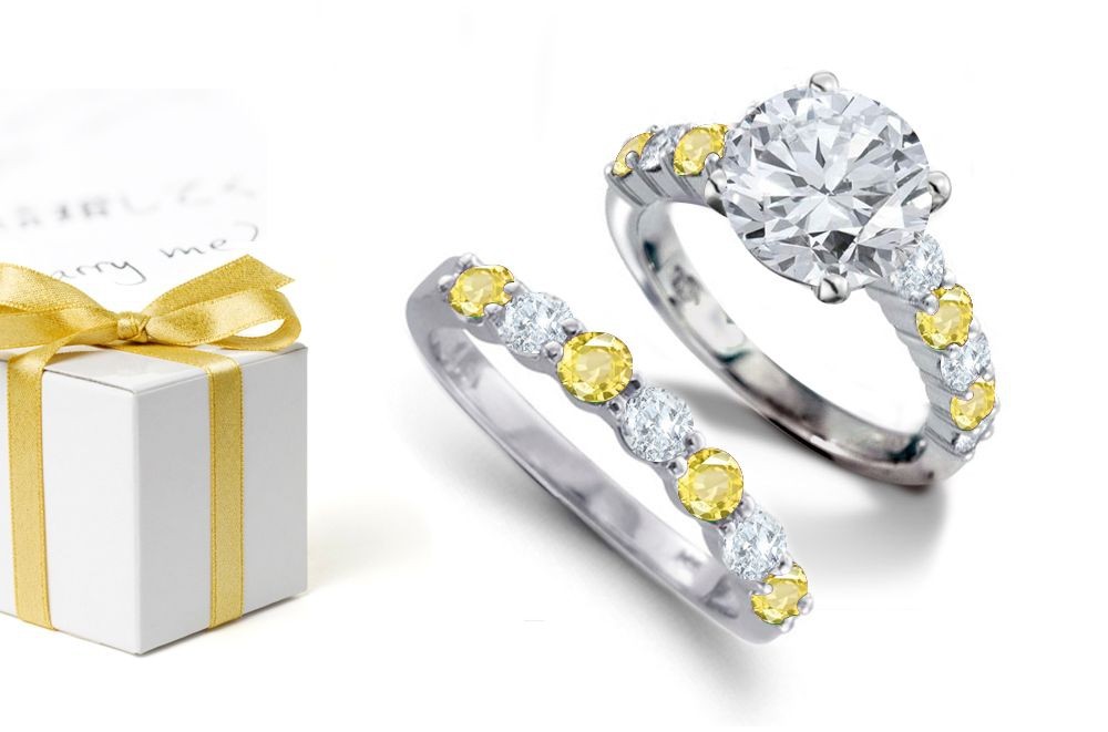 Great Museum Quality: Round Cut Diamond atop Round Yellow Sapphires & Diamonds & Fashiom Ring & Fine Sapphire Diamond Gemstone Band