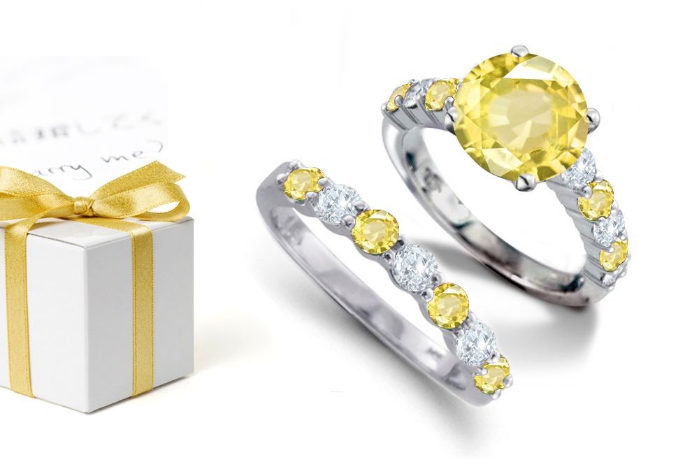 Flame of Fire: Sweet, Lovely & Slender Features Round Cut Diamond Round Yellow Sapphitre & Diamonds & Engagement Ring & Sapphire Diamond Band