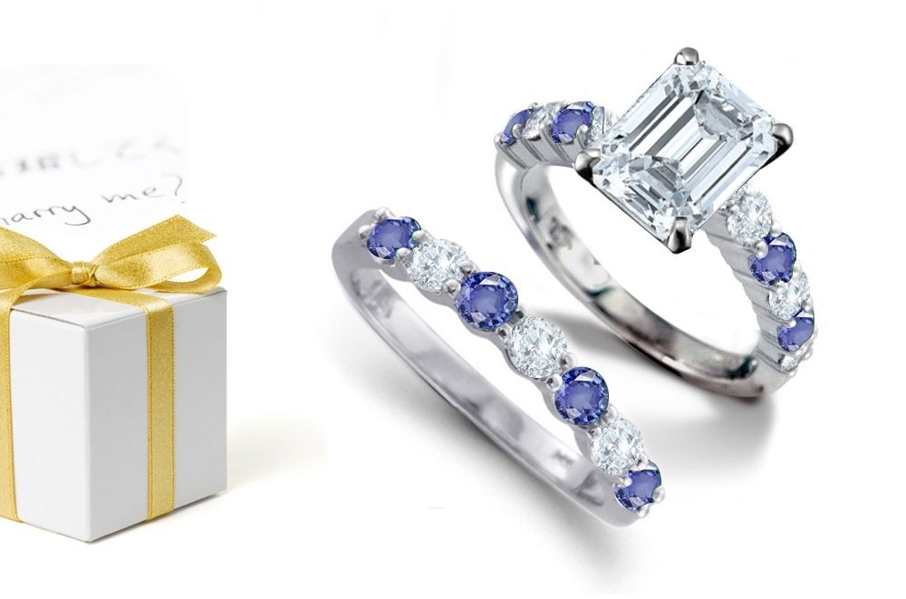 September Birthstone Ring: Emerald Cut Diamond atop Round Blue Sapphire & Diamond & Gemstones Ring & Sapphire Diamond Charming Band