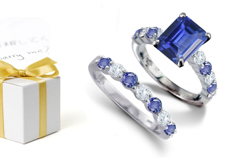 Fine Blue Sapphire: Emerald Cut Sapphire atop Round Blue Sapphire & Diamond & Engagement Ring & Sapphire Diamond Birthstone Band