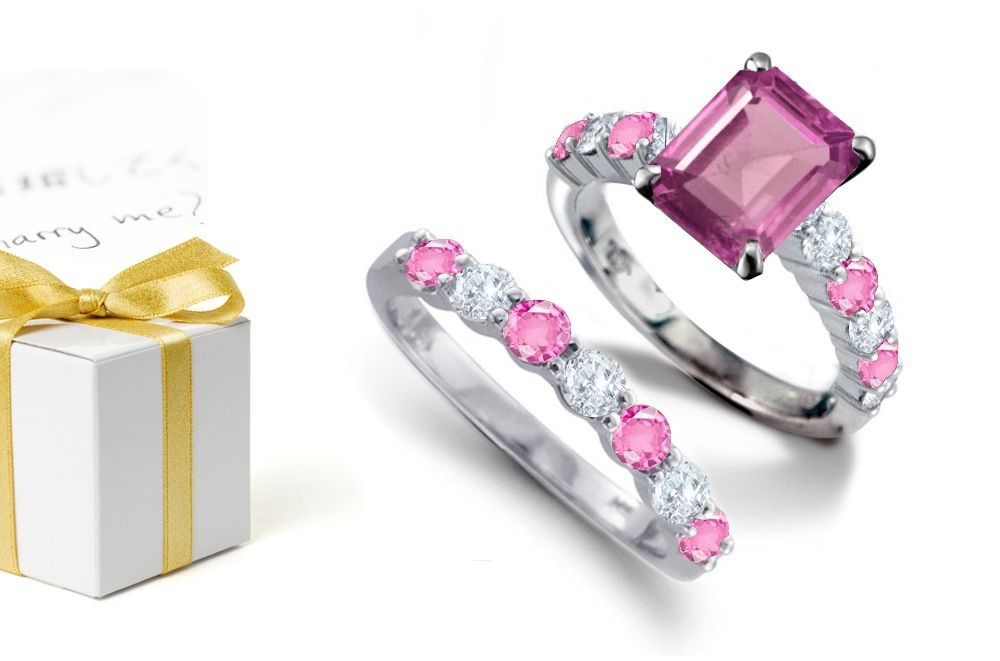 The Other Rare Rare Deep Pink Sapphires: Finest Emerald Cut Sapphire atop Round Rare Deep Pink Sword Sapphires & Diamonds & Engagement Ring & Sapphire Diamond Gold Band