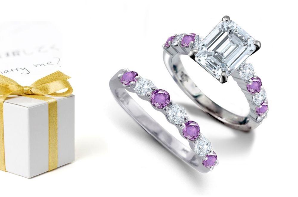 The Great Oriental Traveller: Emerald Cut Diamond atop Round Purple Sapphires & Diamonds & Engagement Ring & Sapphire Diamond Enhancing Sparkling White Light Band