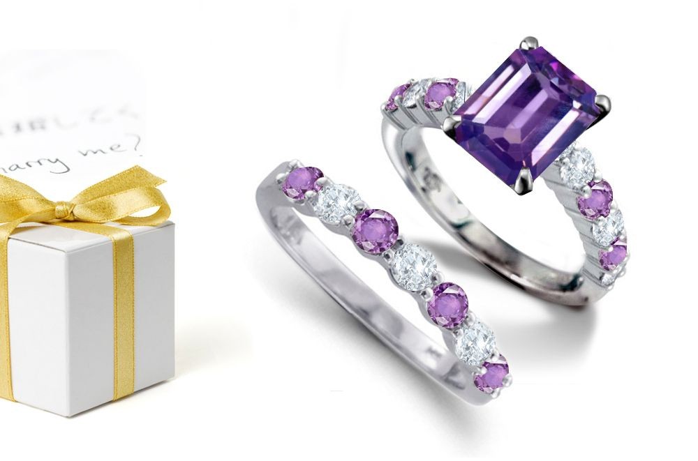 Peculiar Violet Light & Hues: Emerald Cut Sapphire atop Round Purple Sapphires & Diamonds & Engagement Ring & Sapphire Diamond Silver or Platinum Wire Twining Band