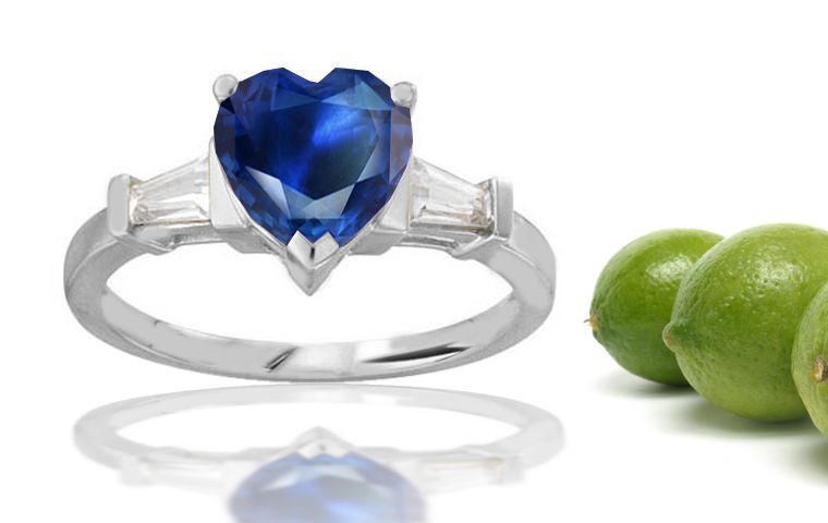 September Birthstone: 3 Stone Blue Fine Blue Sapphire Heart & Tapered Baguette Diamond Ring in Yellow & White Gold