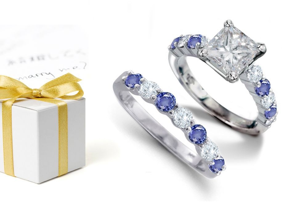 Faith, Hope & Destiny: Princess Cut Diamond atop Round Blue Sapphires & Diamonds & Engagement Ring & Sapphire Diamond Silver-White Light