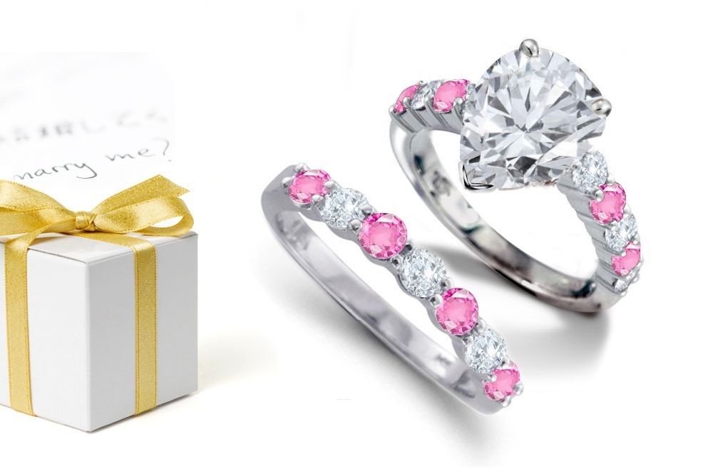 Pear Shape Diamond atop Round Rare Deep Pink Sapphires & Diamonds & 14k Gold Ring & Sapphire Diamond Band